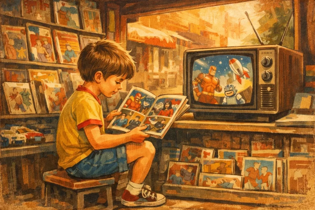 Ilustração representando a nostalgia da revista Heróis da TV e dos desenhos exibidos na televisão brasileira nos anos 80