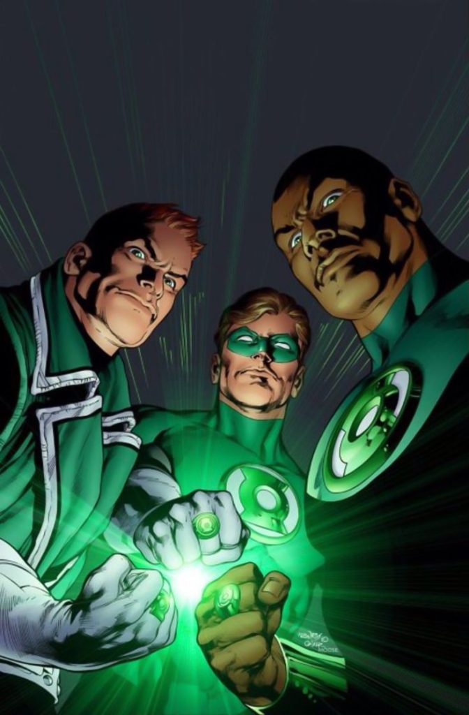 Da esquerda para a direita: Guy Gardner, Hal Jordan e John Stewart — os três Lanternas Verdes mais conhecidos da Terra.